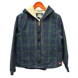 LL Bean Sherpa Lined Flannel Hooded Jacket Womens M Green Plaid Cozy Fall Winter